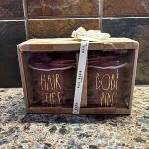 New Rae Dunn Maroon Set of 2 Ceramic Loop Lid Canisters Hair Ties Bobby Pins